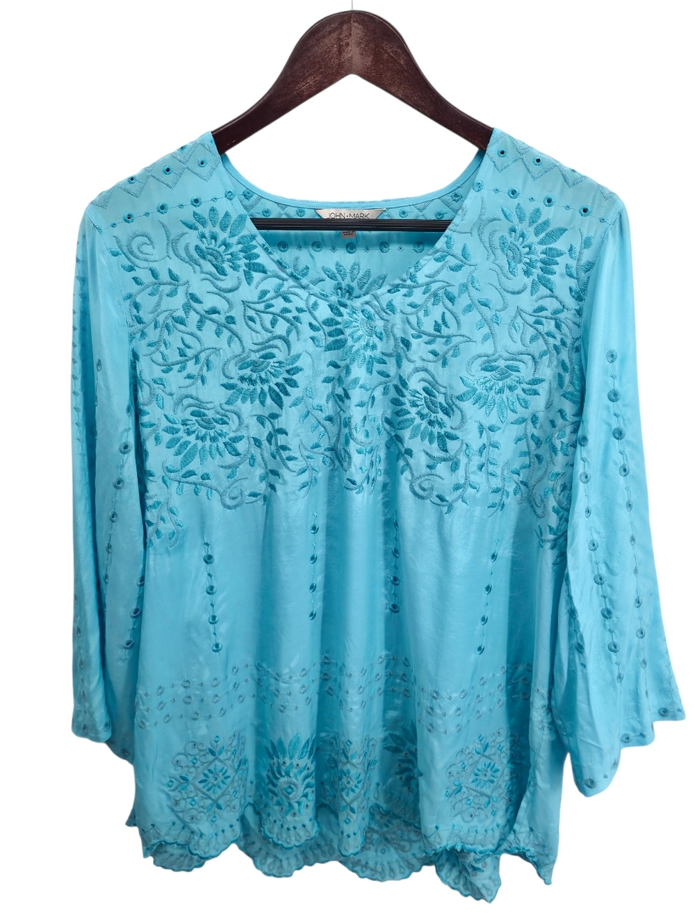 John Mark Embroidered Blouse Womens M Teal Boho Peasant 3/4 Sleeve